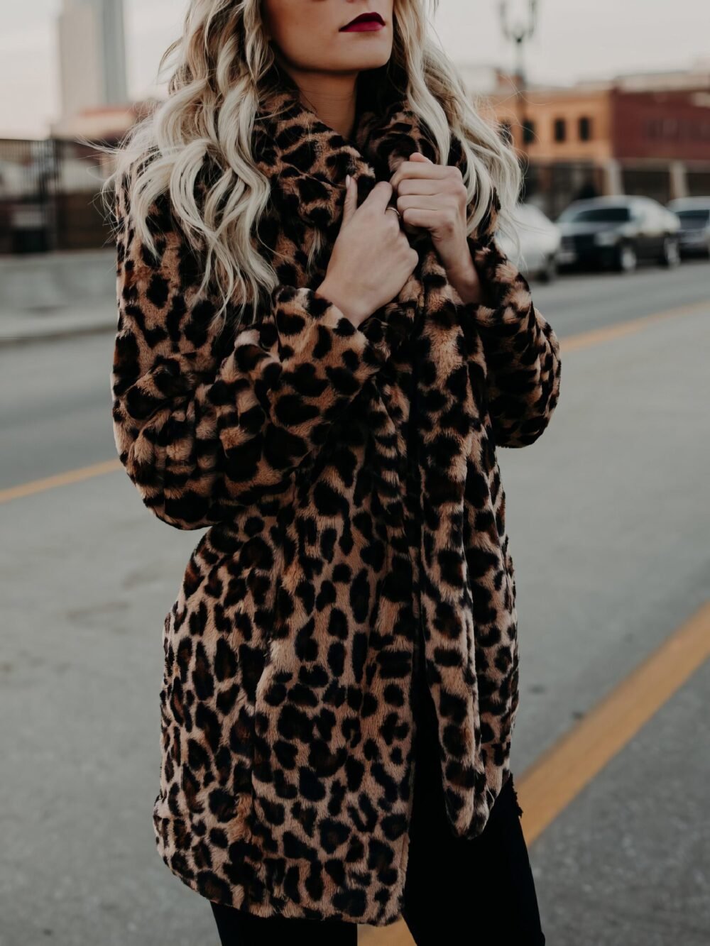 Coats Lapel Leopard Print Faux Fur Long Sleeve Midi Coat for Women - Image 2