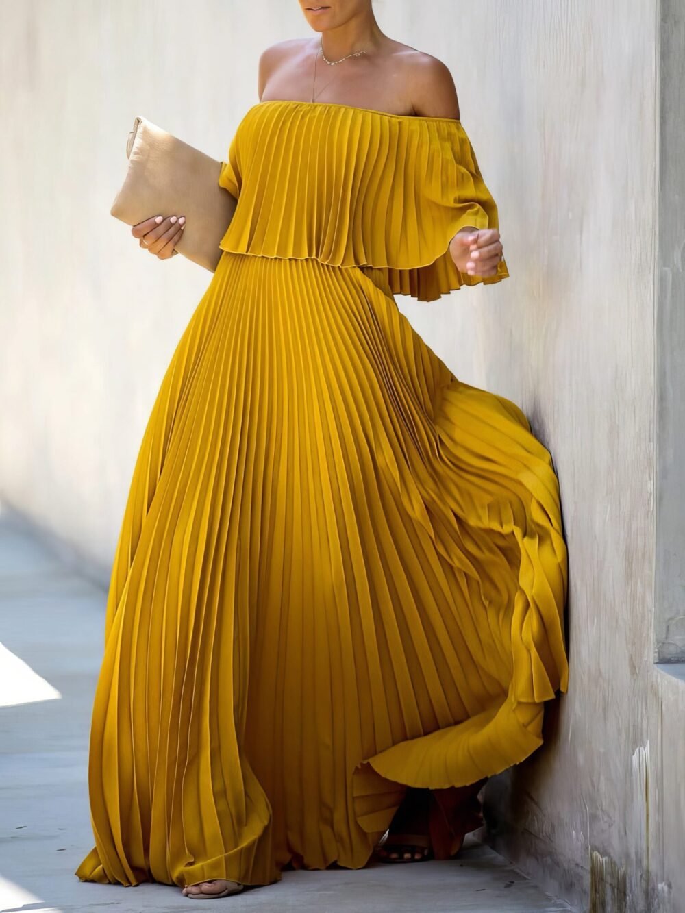 Dresses Boat Neck One-Shoulder Pleated Chiffon Dress for Women