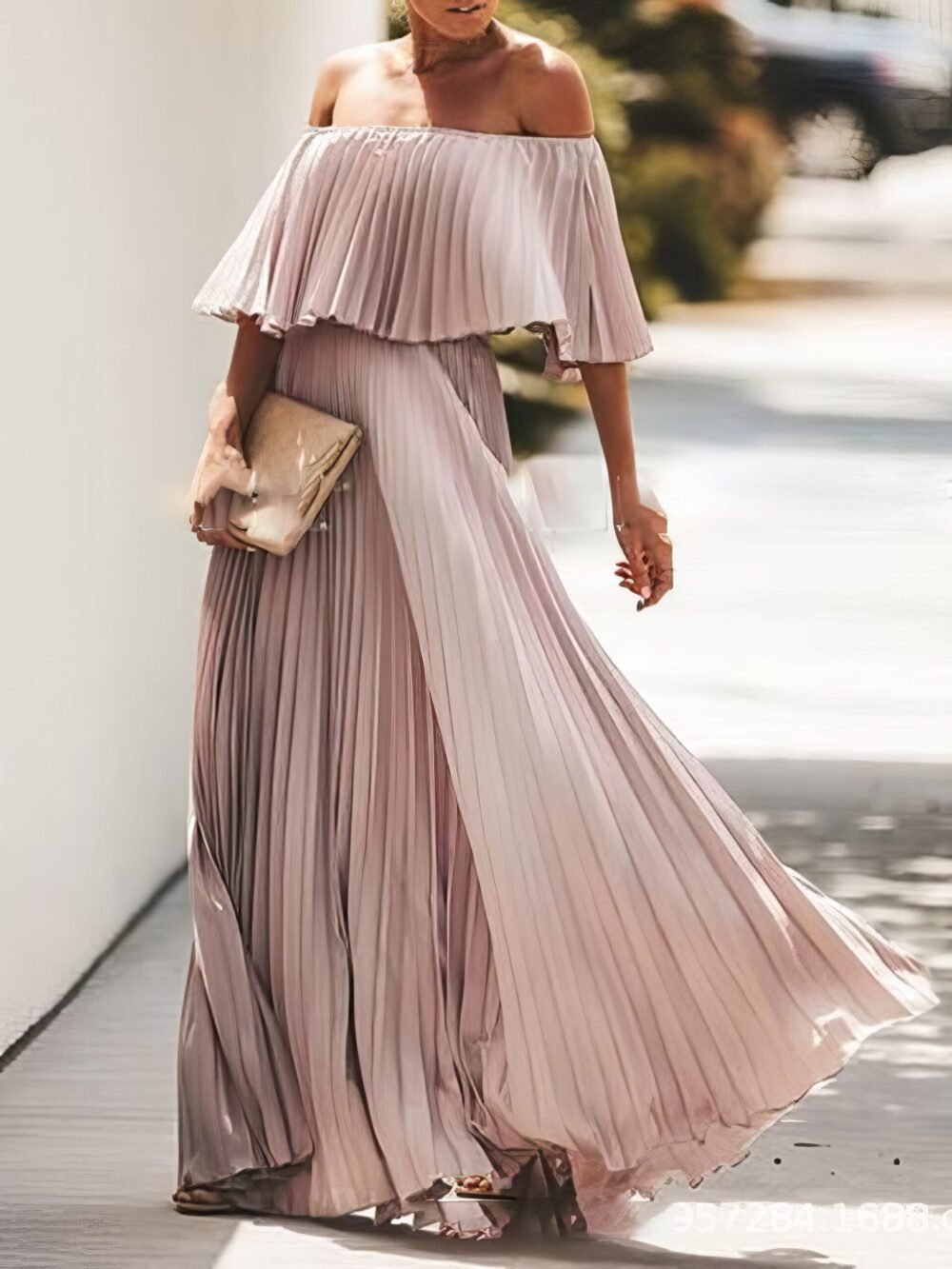 Dresses Boat Neck One-Shoulder Pleated Chiffon Dress for Women - Image 2