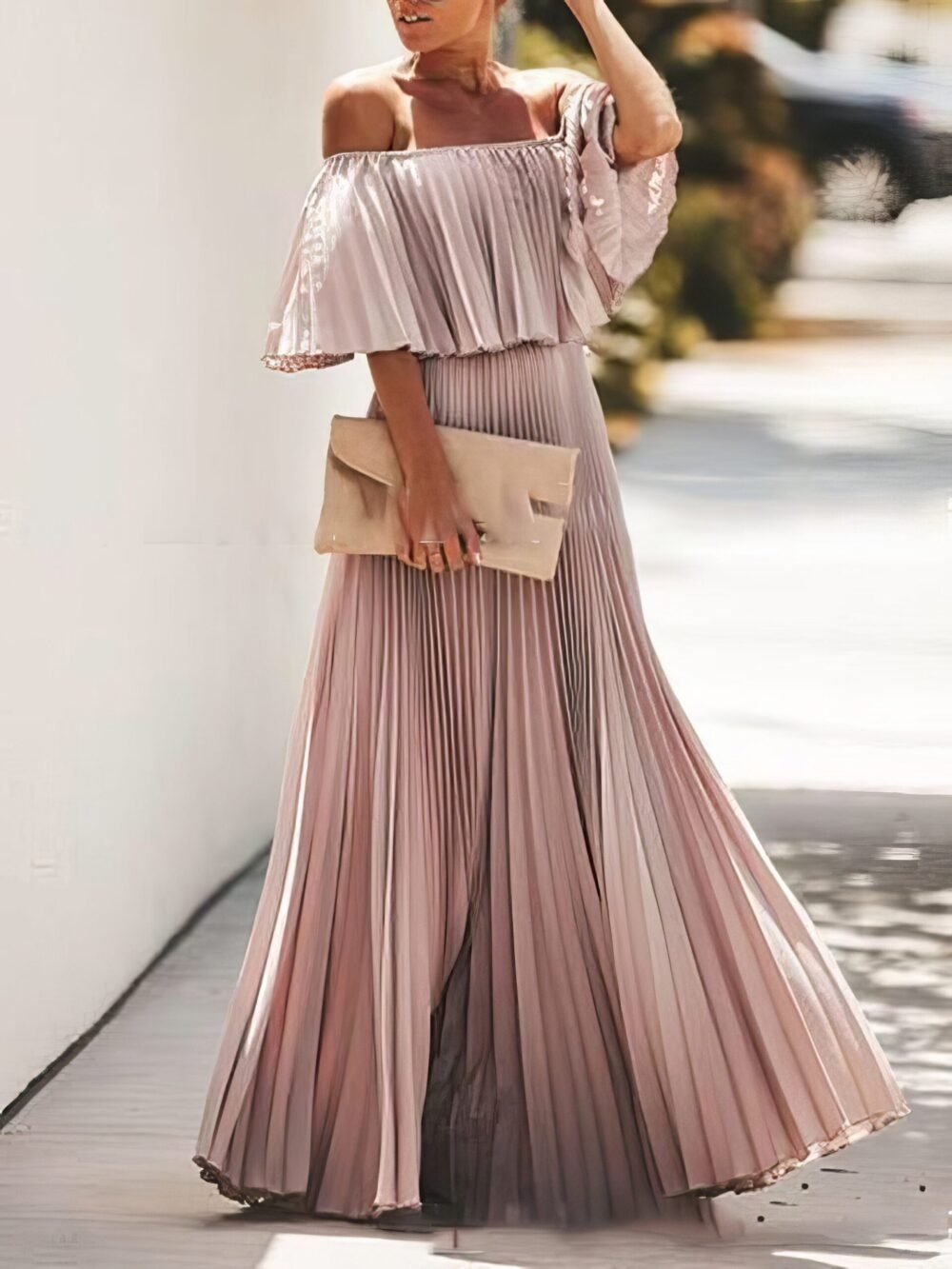 Dresses Boat Neck One-Shoulder Pleated Chiffon Dress for Women - Image 3