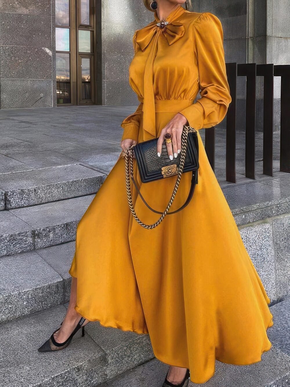 Dresses Bowknot Long Sleeve Temperament Dress for Women