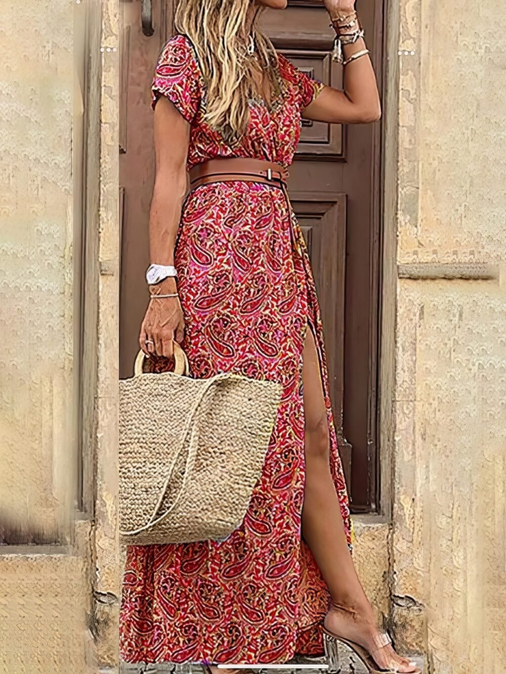 Bohemian Long Short Sleeve Printed V Neck Slit Dress for Women - Image 6