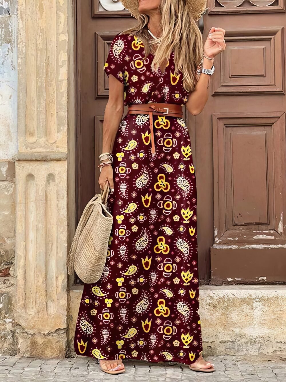 Bohemian Long Short Sleeve Printed V Neck Slit Dress for Women - Image 2