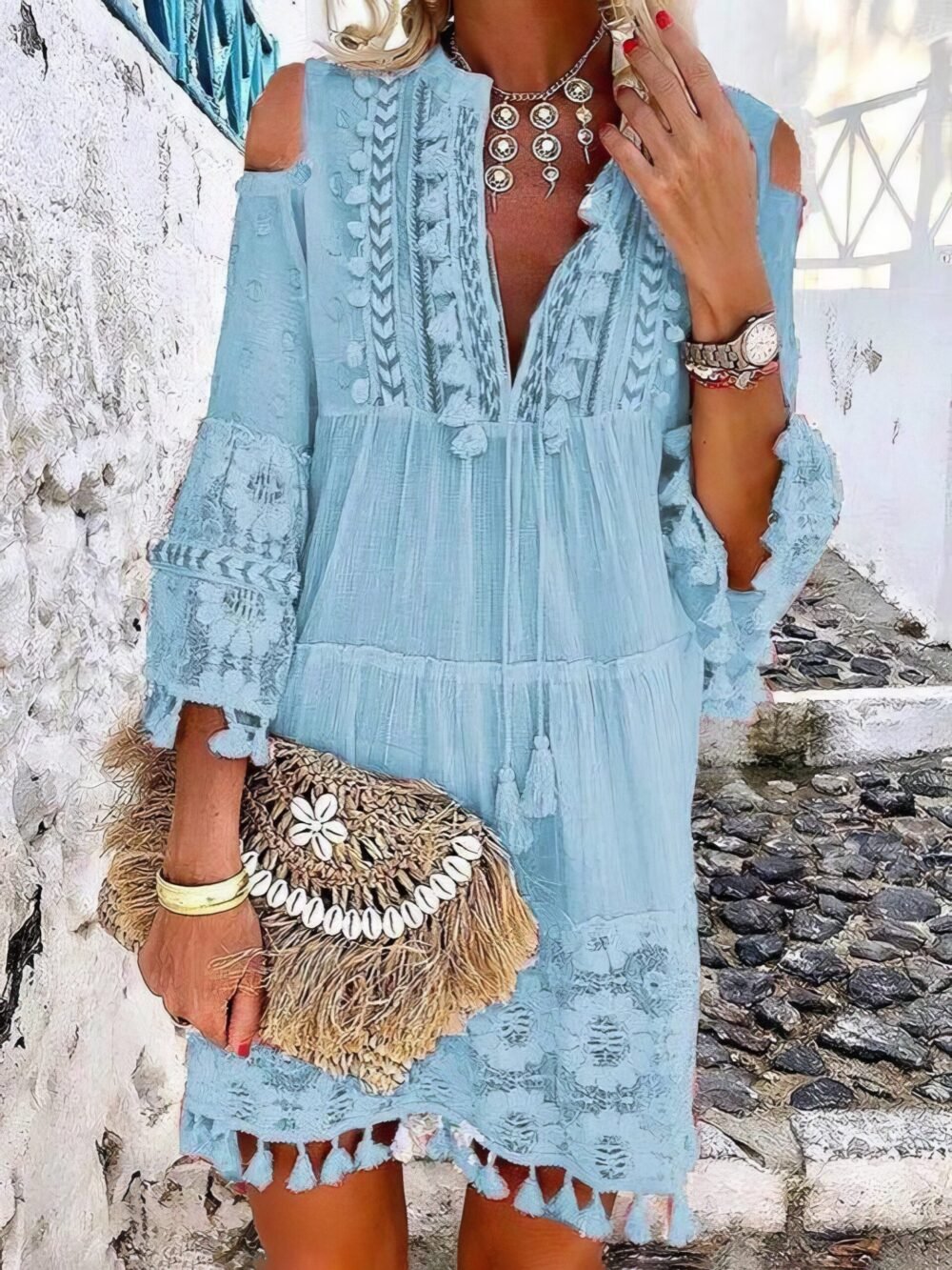 Cute Tassel Off Shoulder Deep V-neck Dress for Women - Image 2