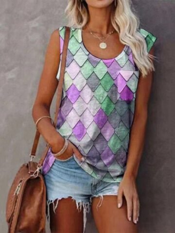 Fashion Rhombus Print Round Neck Sleeveless Top for Women