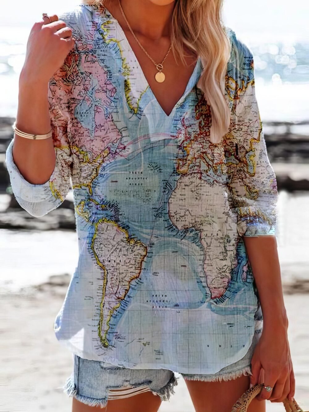 Map Printed V-Neck Casual Long Sleeve Blouses for Women