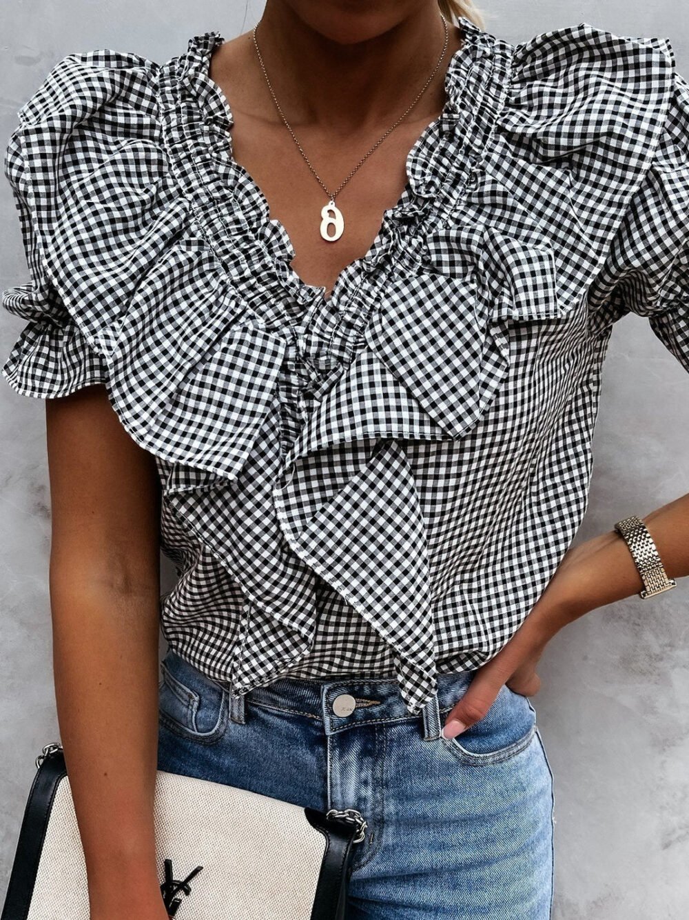 Plaid Short Sleeve V-Neck Lotus Leaf Blouses for Women - Image 7