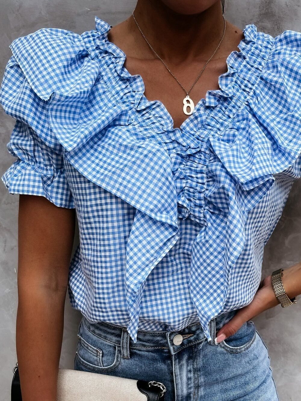 Plaid Short Sleeve V-Neck Lotus Leaf Blouses for Women - Image 6