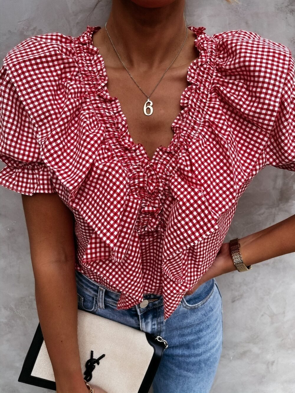 Plaid Short Sleeve V-Neck Lotus Leaf Blouses for Women