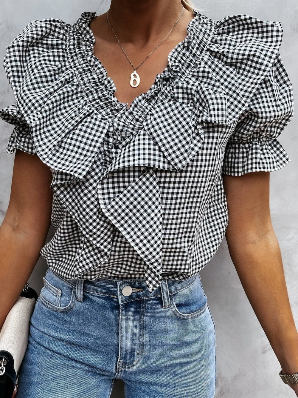 Plaid Short Sleeve V-Neck Lotus Leaf Blouses for Women - Image 8