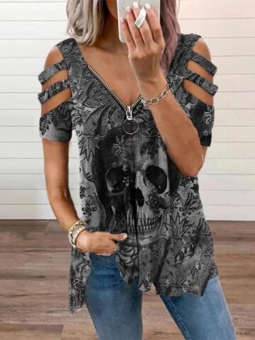 Printed V-neck Zip Off Shoulder Short Sleeve T-shirt for Women