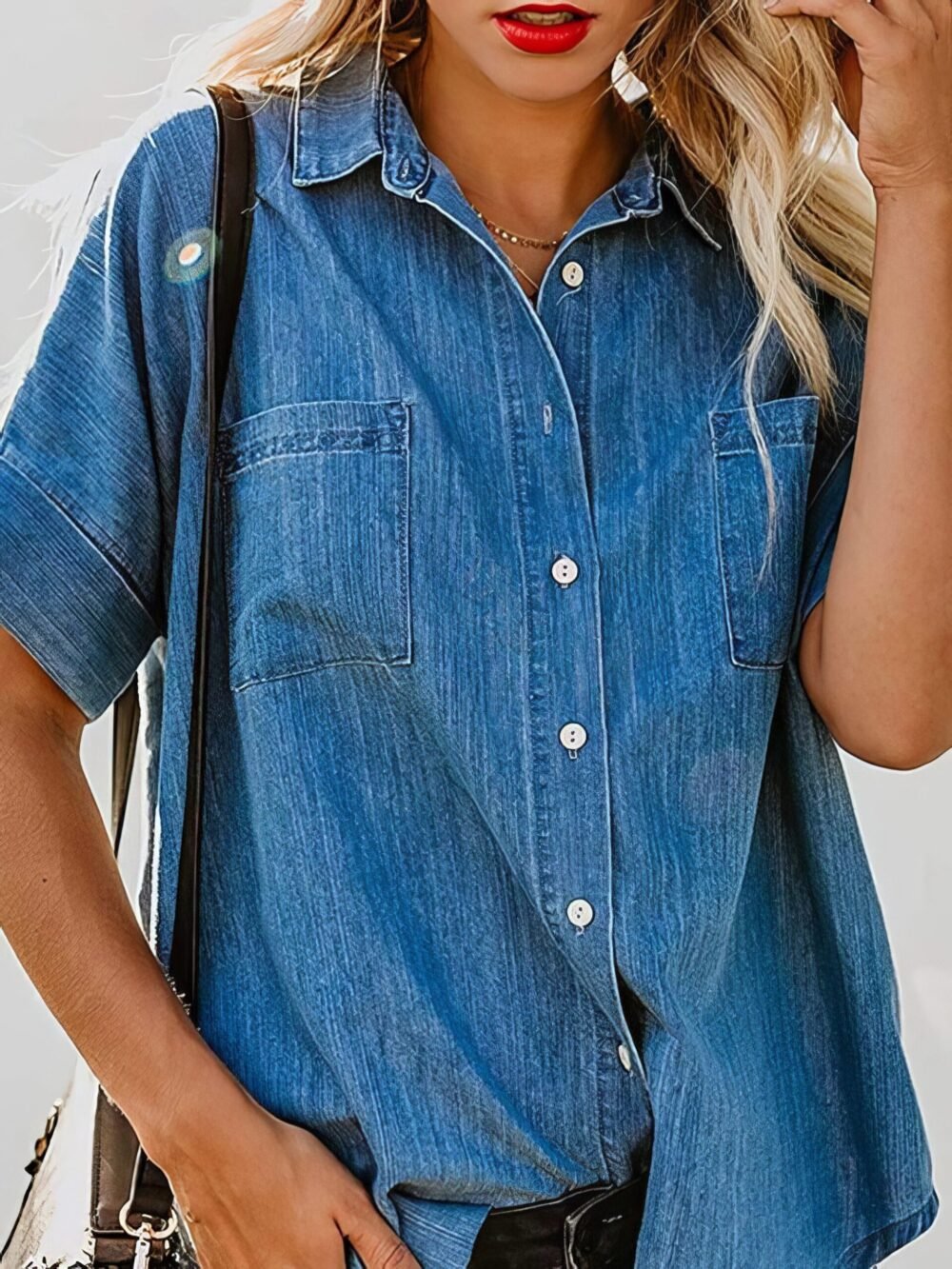 Short Sleeve Pocket Straight Denim Blouses for Women