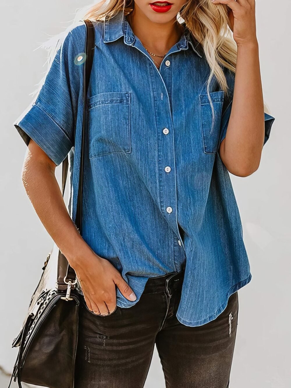 Short Sleeve Pocket Straight Denim Blouses for Women - Image 3