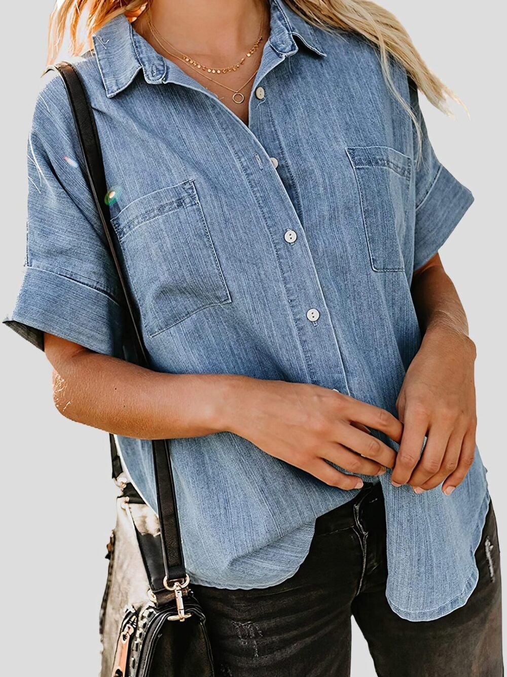 Short Sleeve Pocket Straight Denim Blouses for Women - Image 5