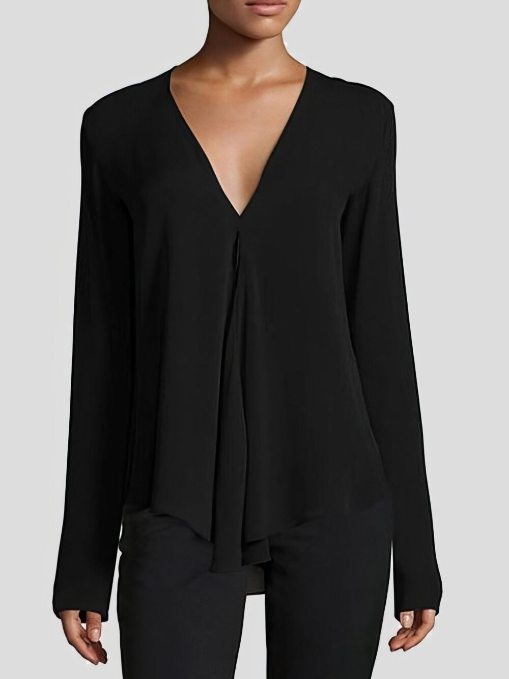 V-neck Long-sleeved Chiffon Solid Blouse for Women - Image 4