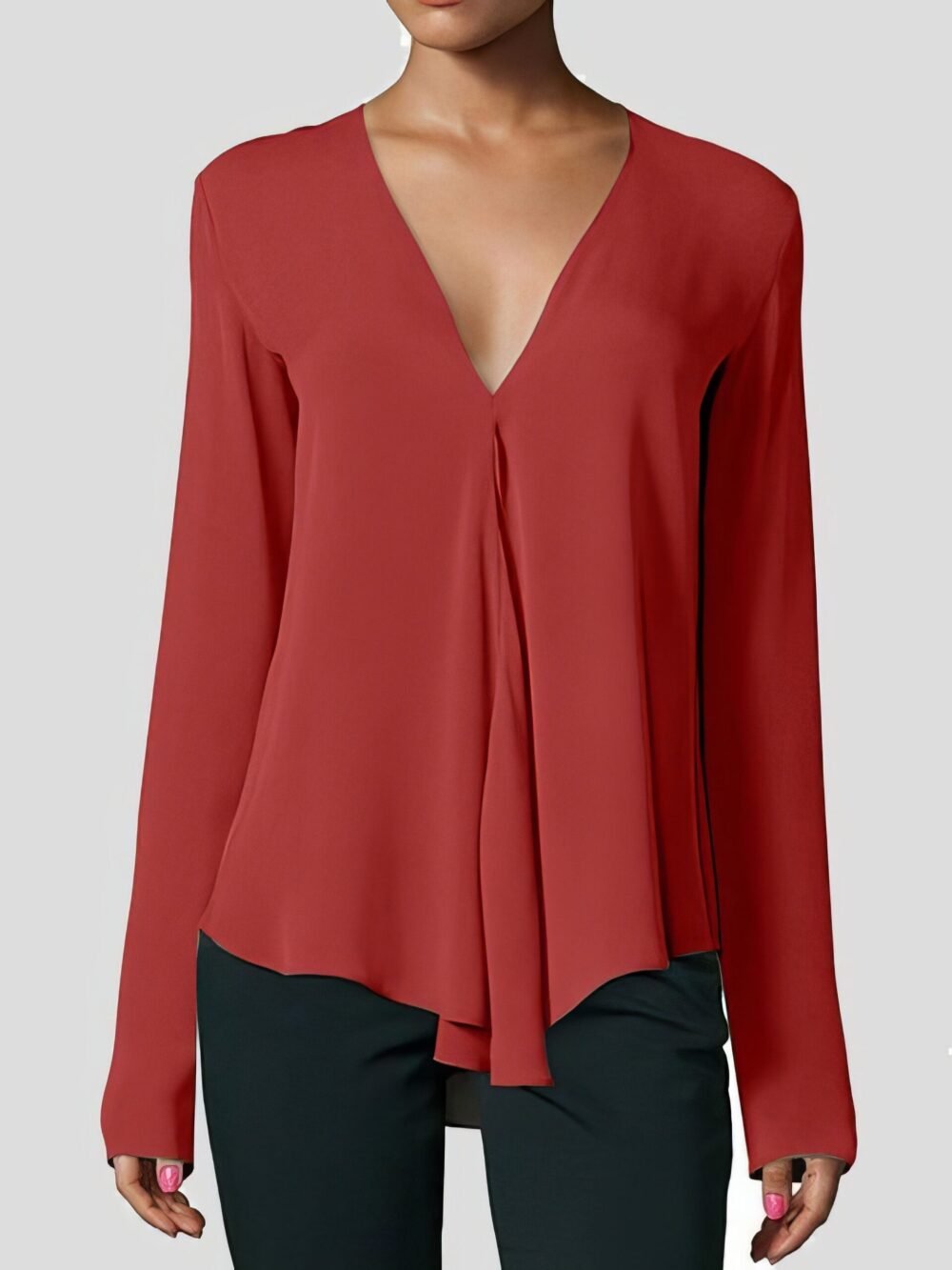 V-neck Long-sleeved Chiffon Solid Blouse for Women - Image 6