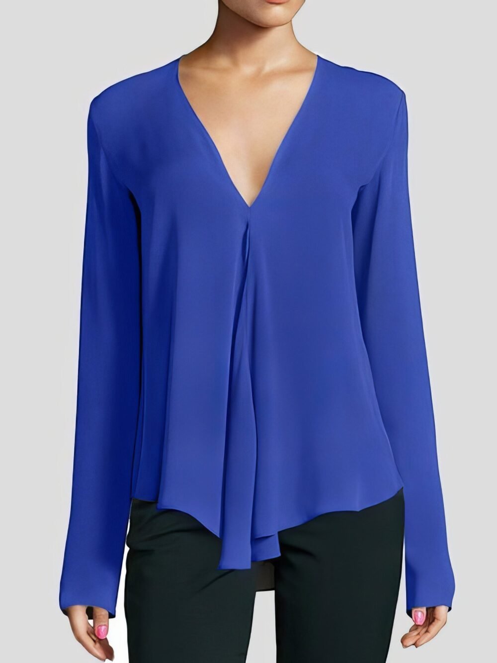 V-neck Long-sleeved Chiffon Solid Blouse for Women - Image 5