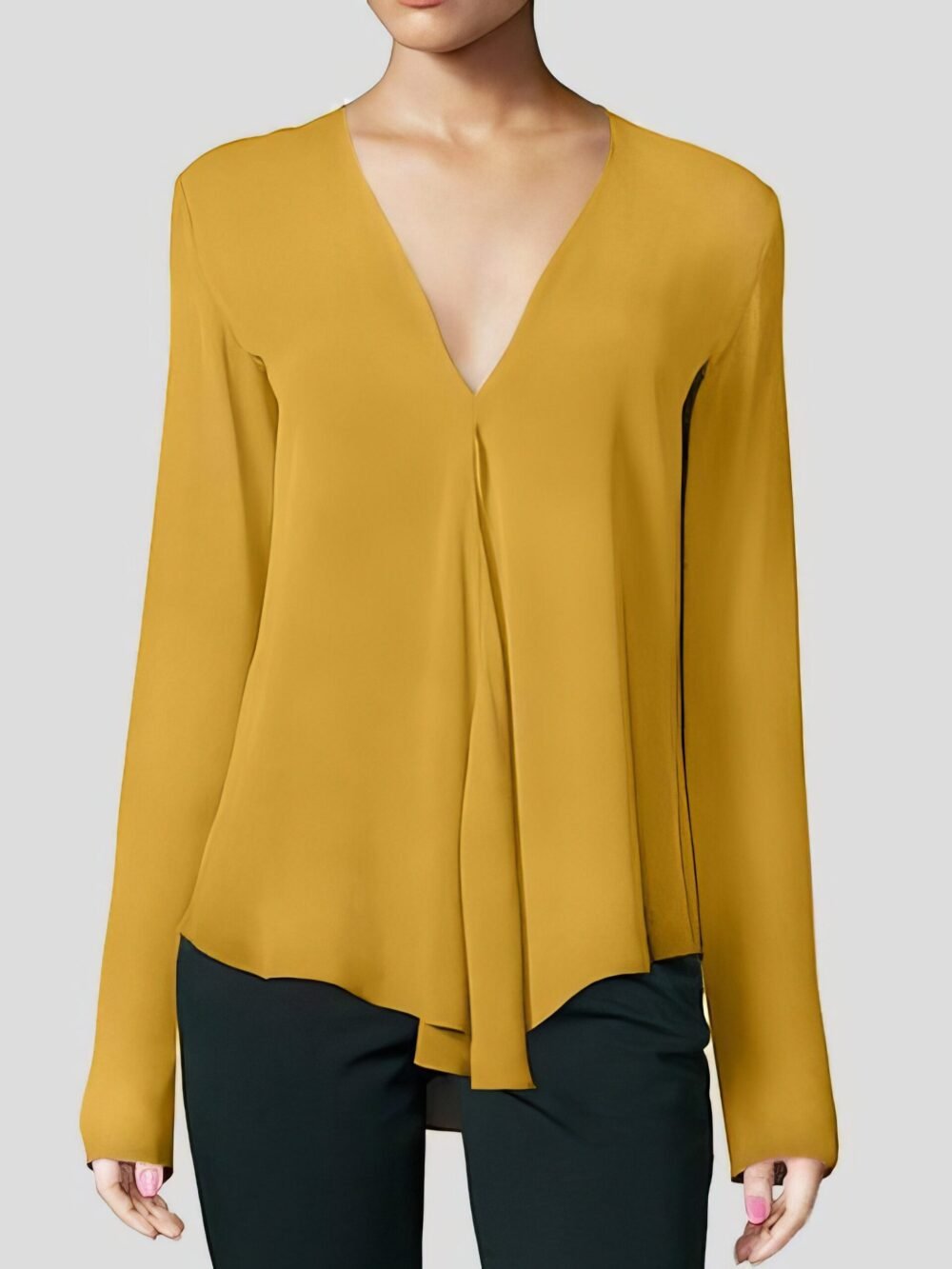 V-neck Long-sleeved Chiffon Solid Blouse for Women - Image 2