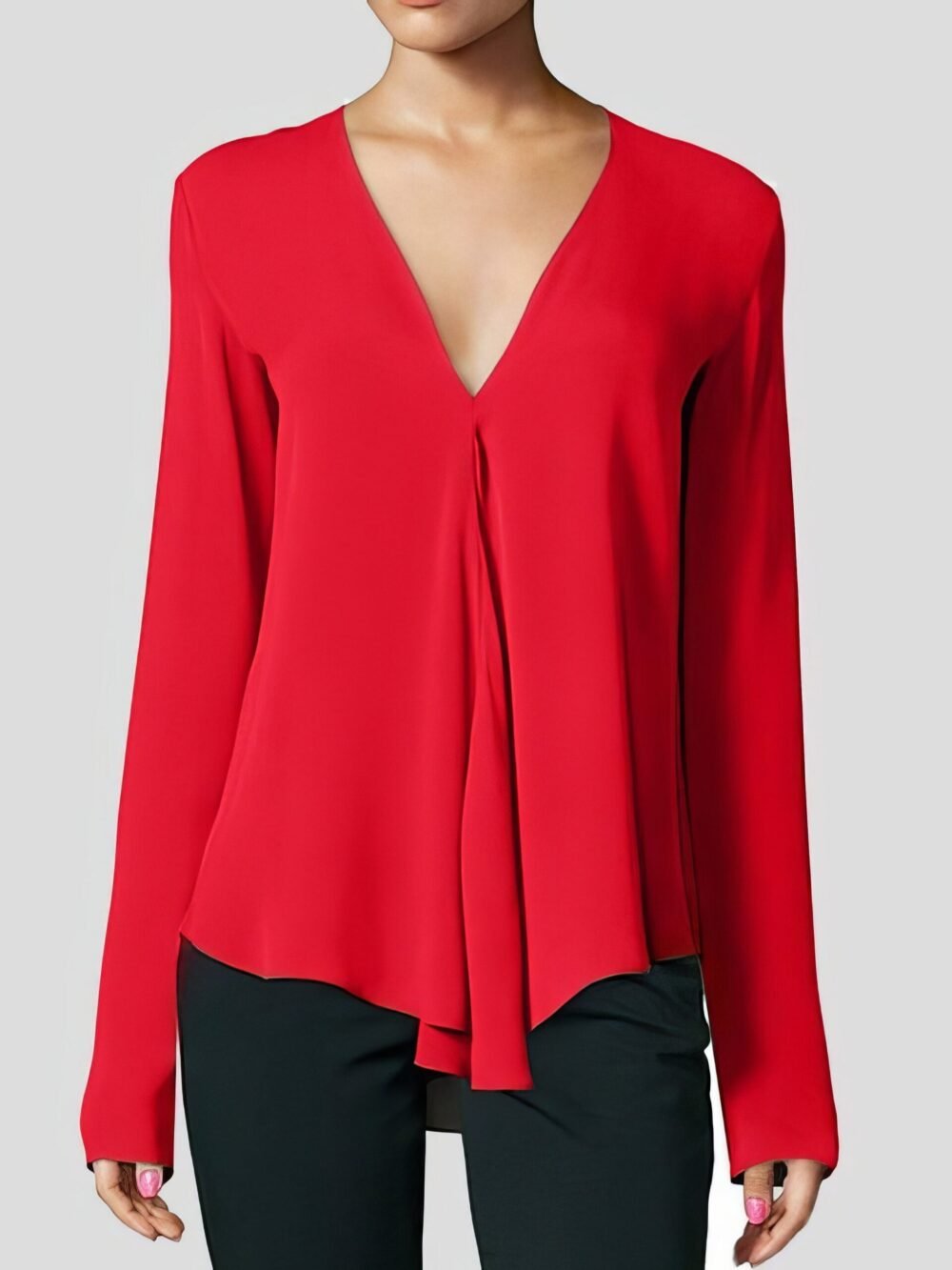 V-neck Long-sleeved Chiffon Solid Blouse for Women - Image 3