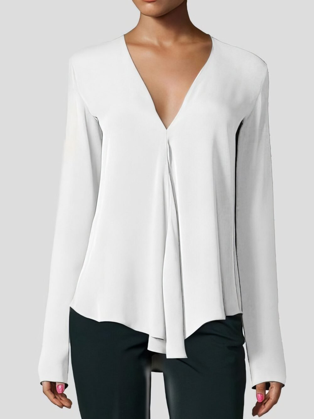 V-neck Long-sleeved Chiffon Solid Blouse for Women