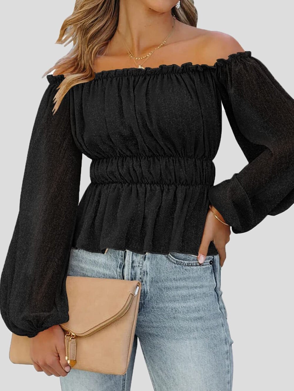 Blouses Solid One-Shoulder Long Sleeve Blouse for Women - Image 4