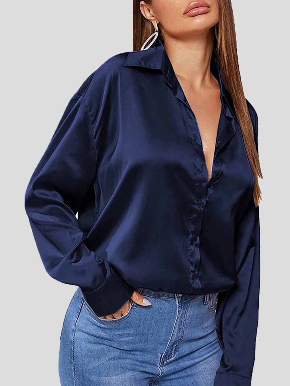 Blouses Solid Satin POLO Neck Long Sleeve Blouse for Women