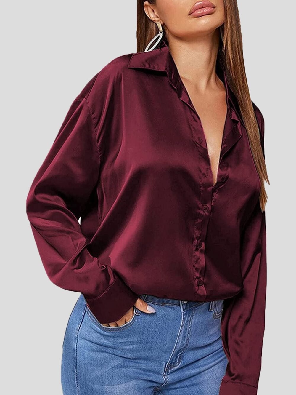 Blouses Solid Satin POLO Neck Long Sleeve Blouse for Women - Image 6