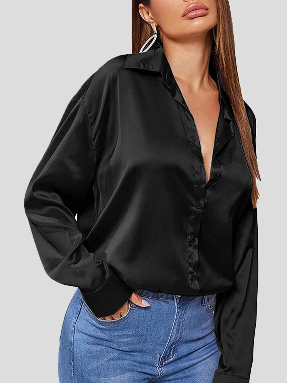 Blouses Solid Satin POLO Neck Long Sleeve Blouse for Women - Image 5