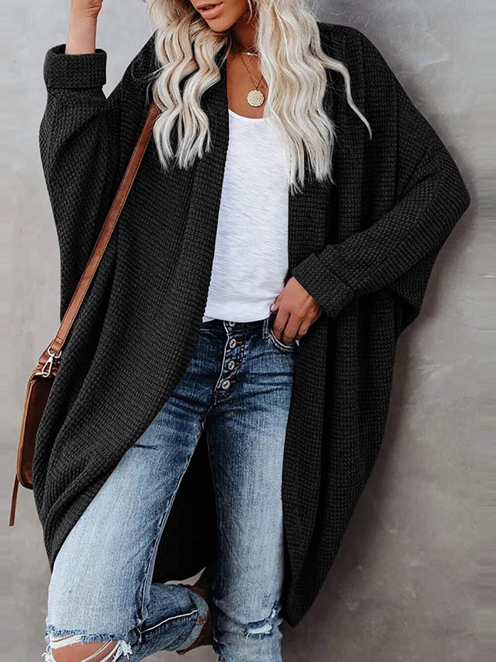 Cardigans Bat Long Sleeve Mid-Length Knitted Cardigan for Women - Image 2