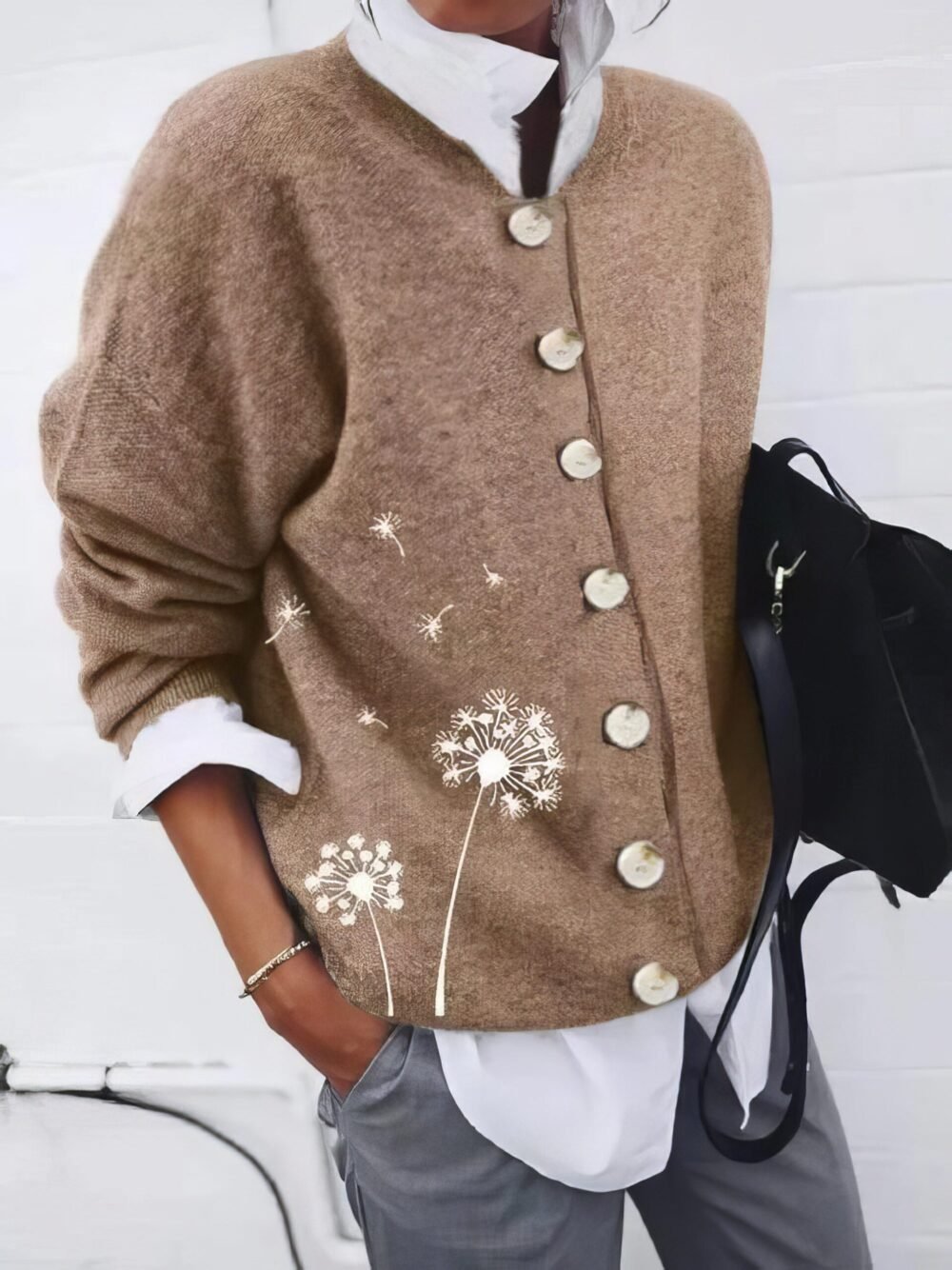 Cardigans Dandelion Print Button Long Sleeve Cardigan for Women - Image 4