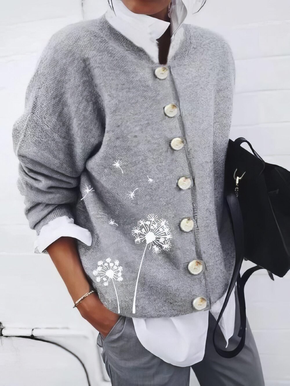 Cardigans Dandelion Print Button Long Sleeve Cardigan for Women