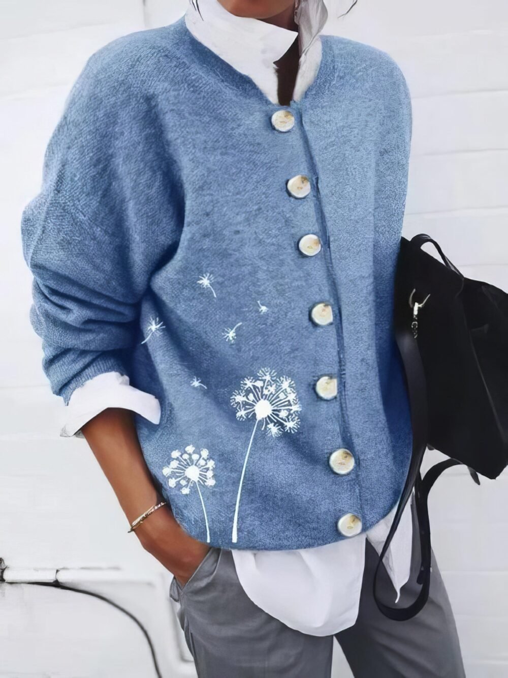 Cardigans Dandelion Print Button Long Sleeve Cardigan for Women - Image 3