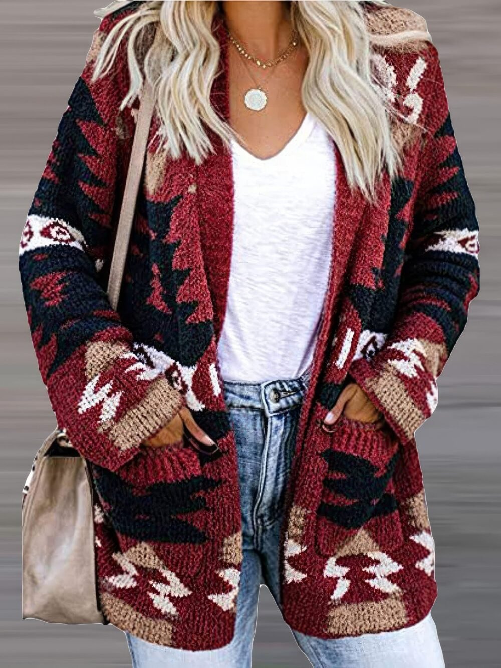 Cardigans Printed Pocket Casual Long Sleeve Knitted Cardigan for Women