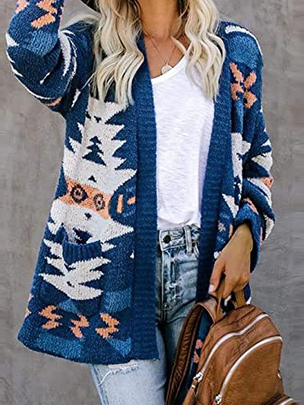 Cardigans Printed Pocket Casual Long Sleeve Knitted Cardigan for Women - Image 2