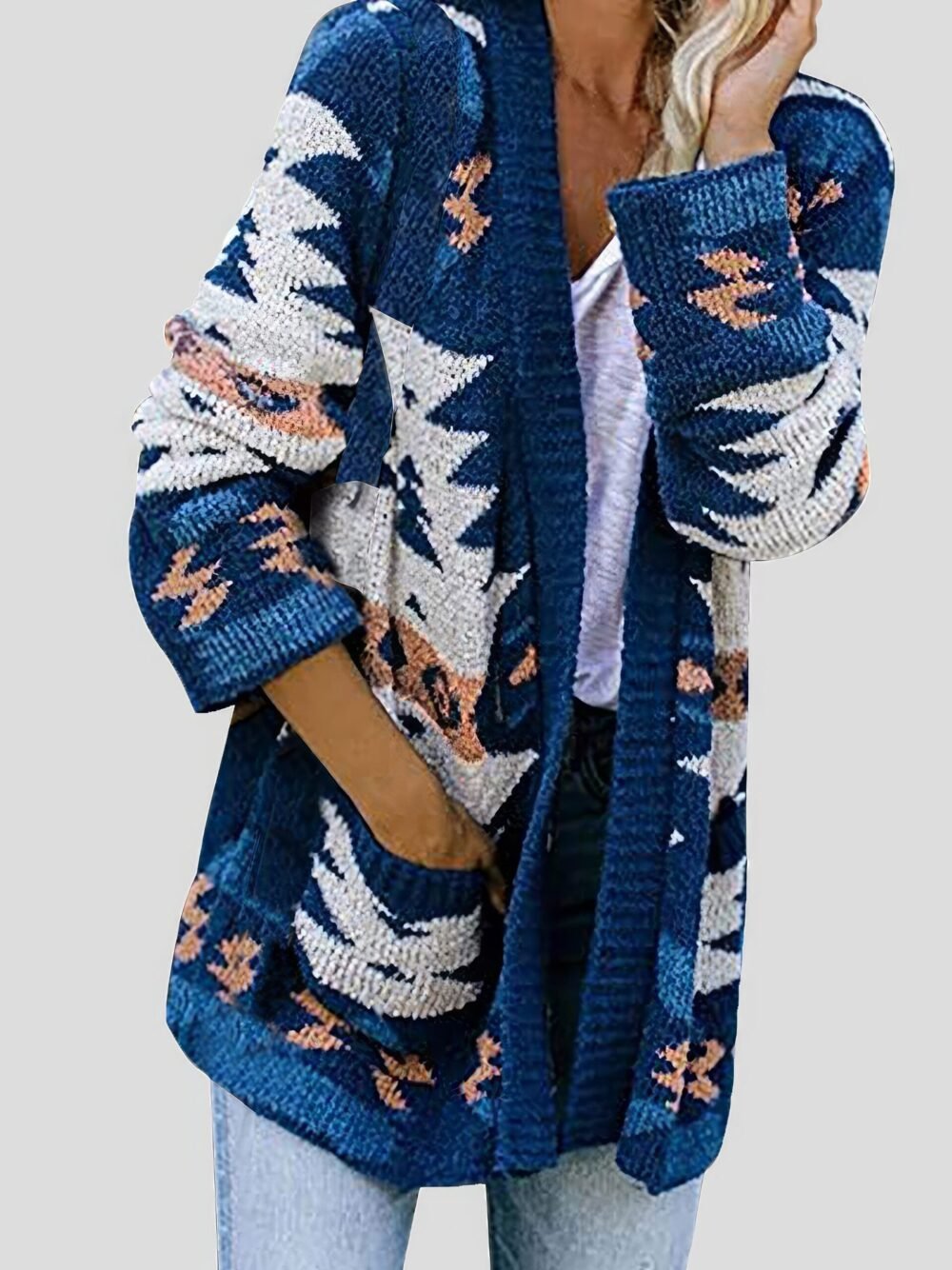 Cardigans Printed Pocket Casual Long Sleeve Knitted Cardigan for Women - Image 3