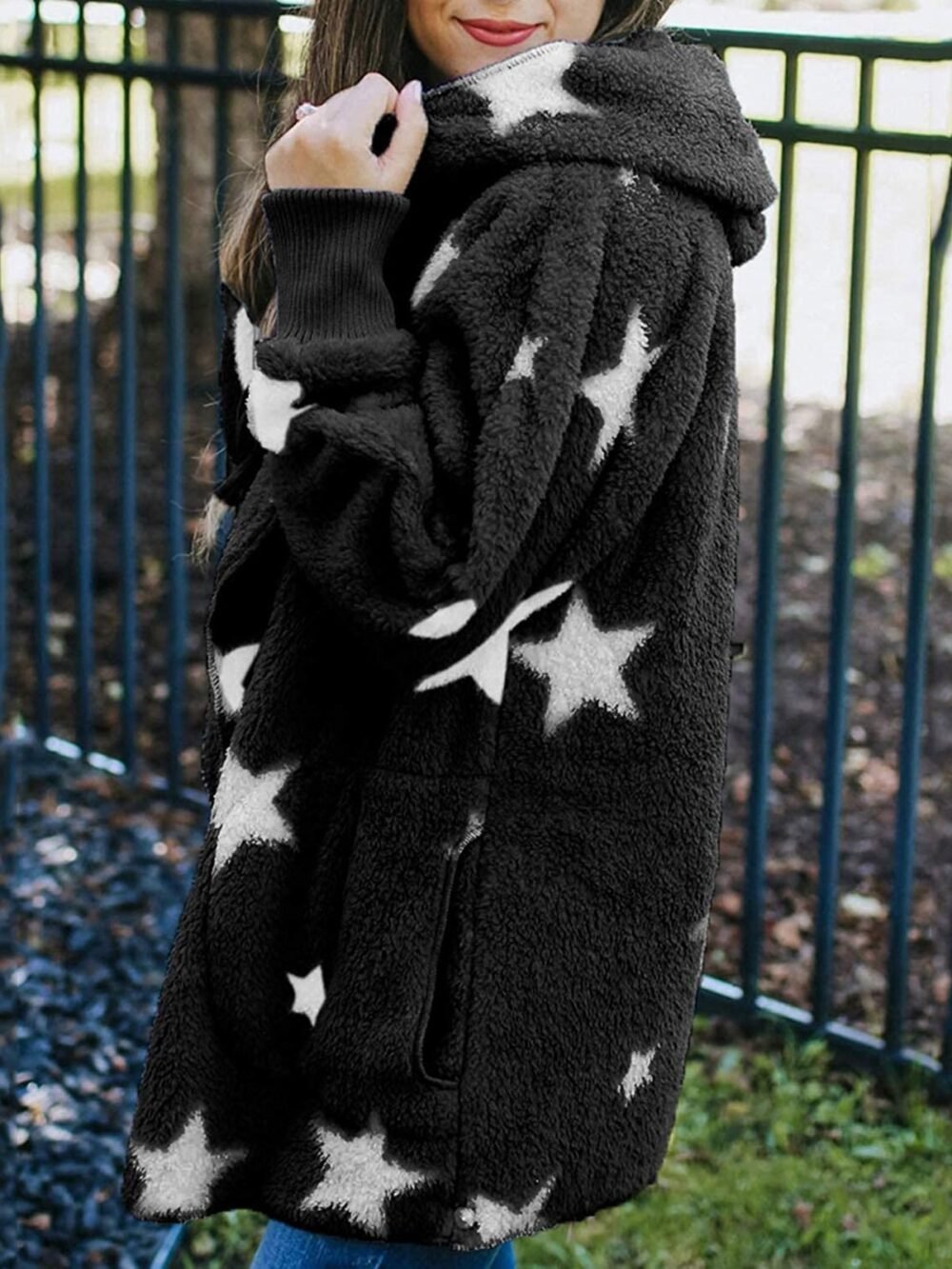 Coats Five-Pointed Star Plush Pocket Hooded Coat for Women - Image 3