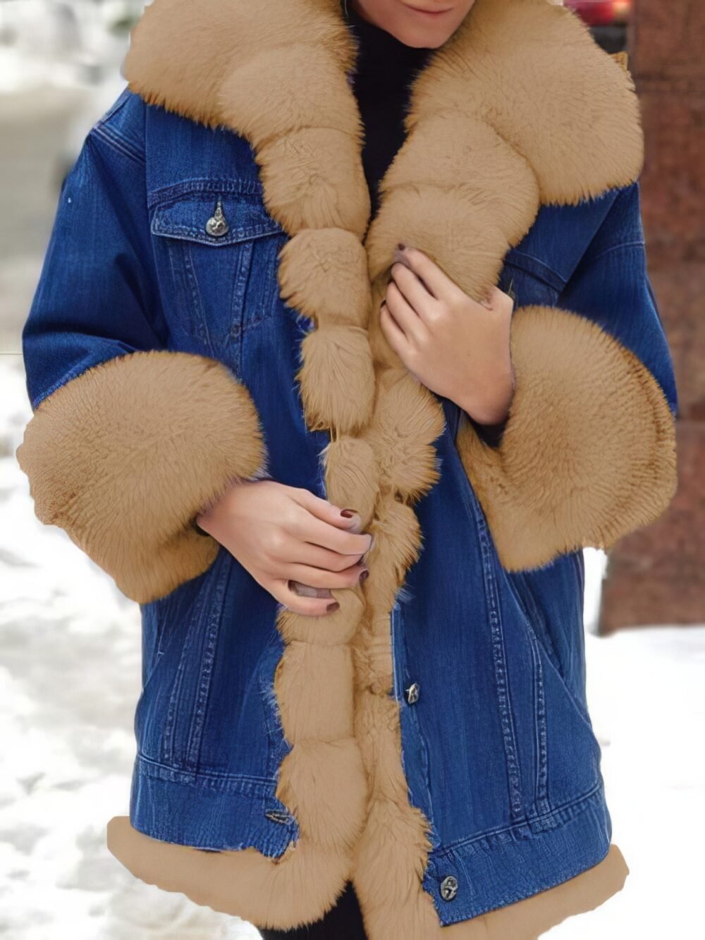 Coats Furry Denim Super Warm Long Sleeve Coat for Women - Image 3