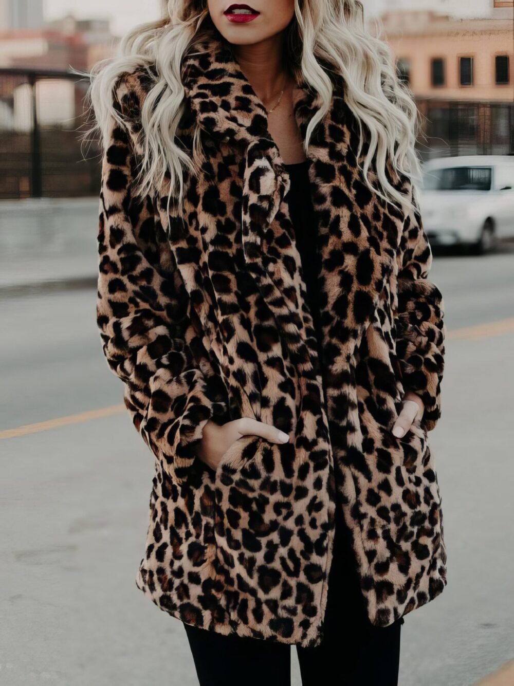 Coats Lapel Leopard Print Faux Fur Long Sleeve Midi Coat for Women - Image 3