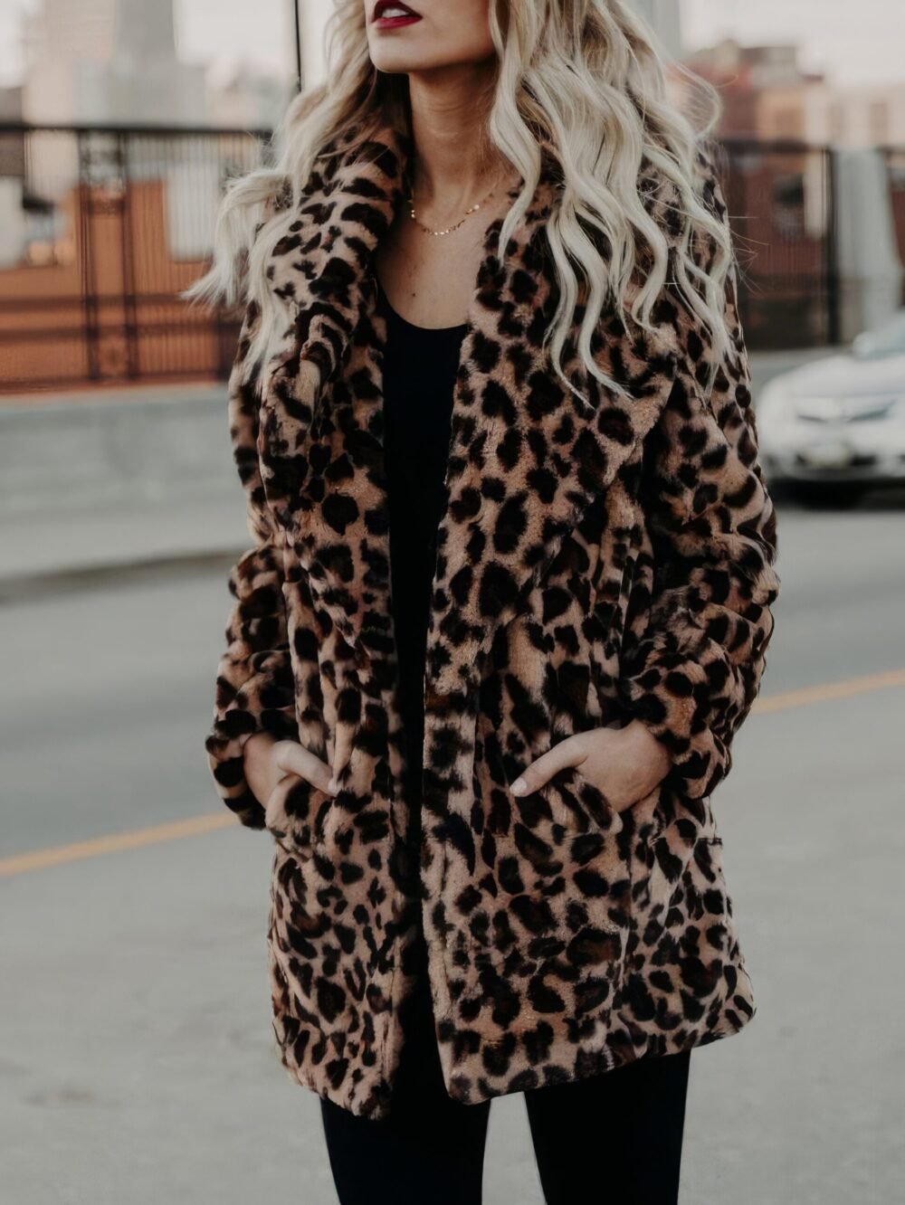 Coats Lapel Leopard Print Faux Fur Long Sleeve Midi Coat for Women - Image 4