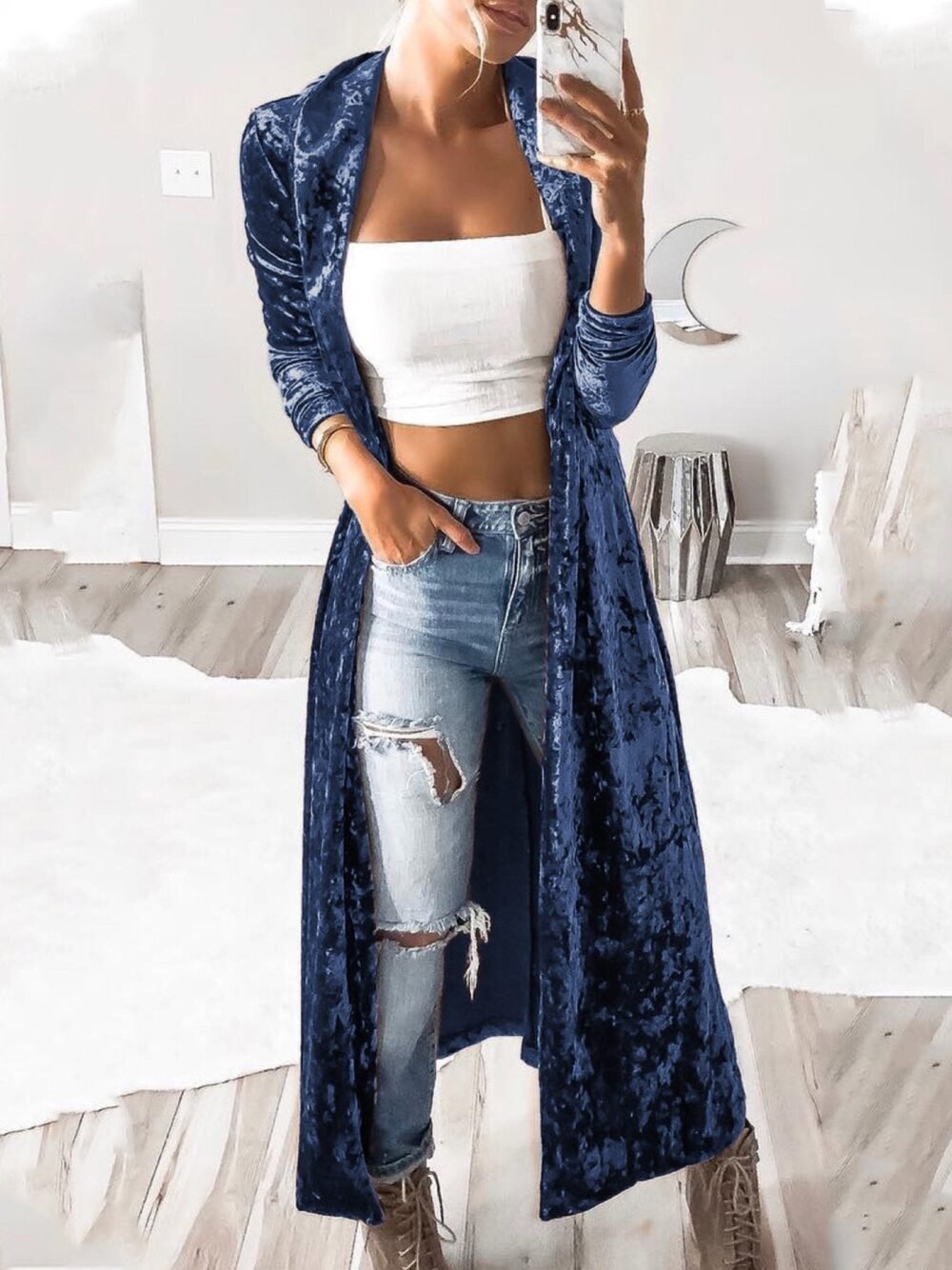 Coats Long Sleeve Velvet Long Cardigan Coat for Women - Image 2