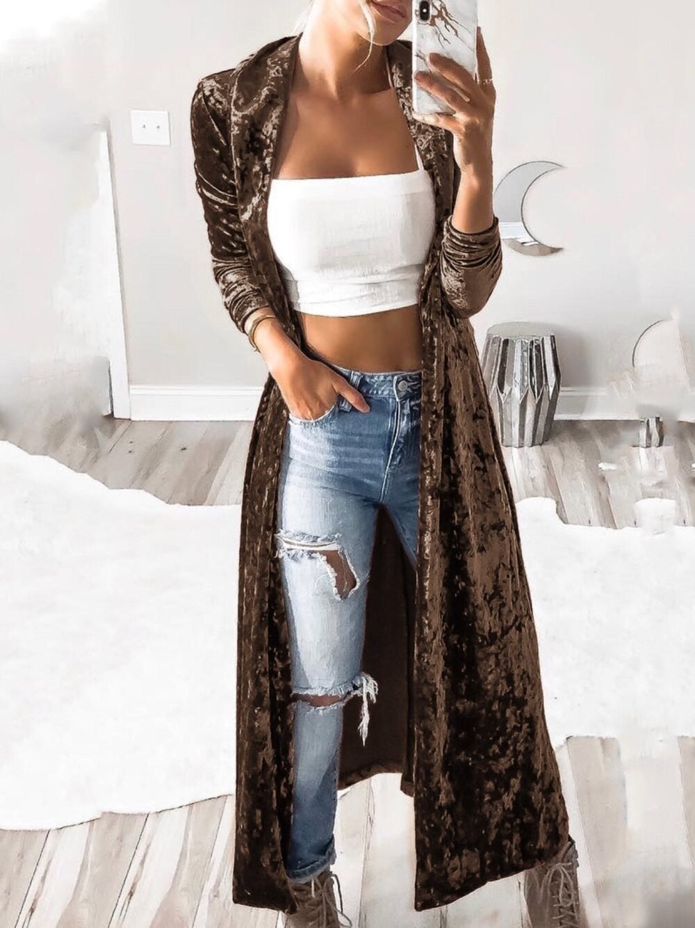 Coats Long Sleeve Velvet Long Cardigan Coat for Women - Image 3