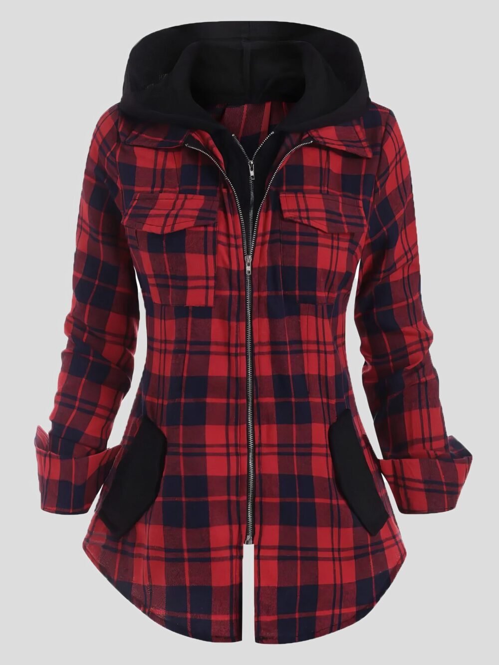 Coats Plaid Pocket Zipper Long Sleeve Hooded Coats for Women