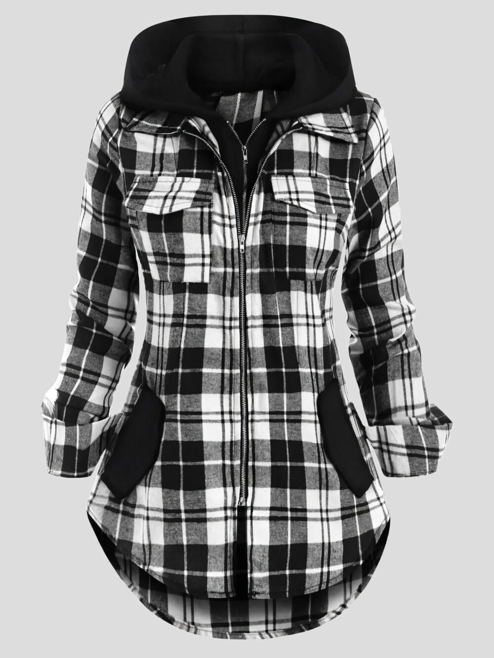 Coats Plaid Pocket Zipper Long Sleeve Hooded Coats for Women - Image 4