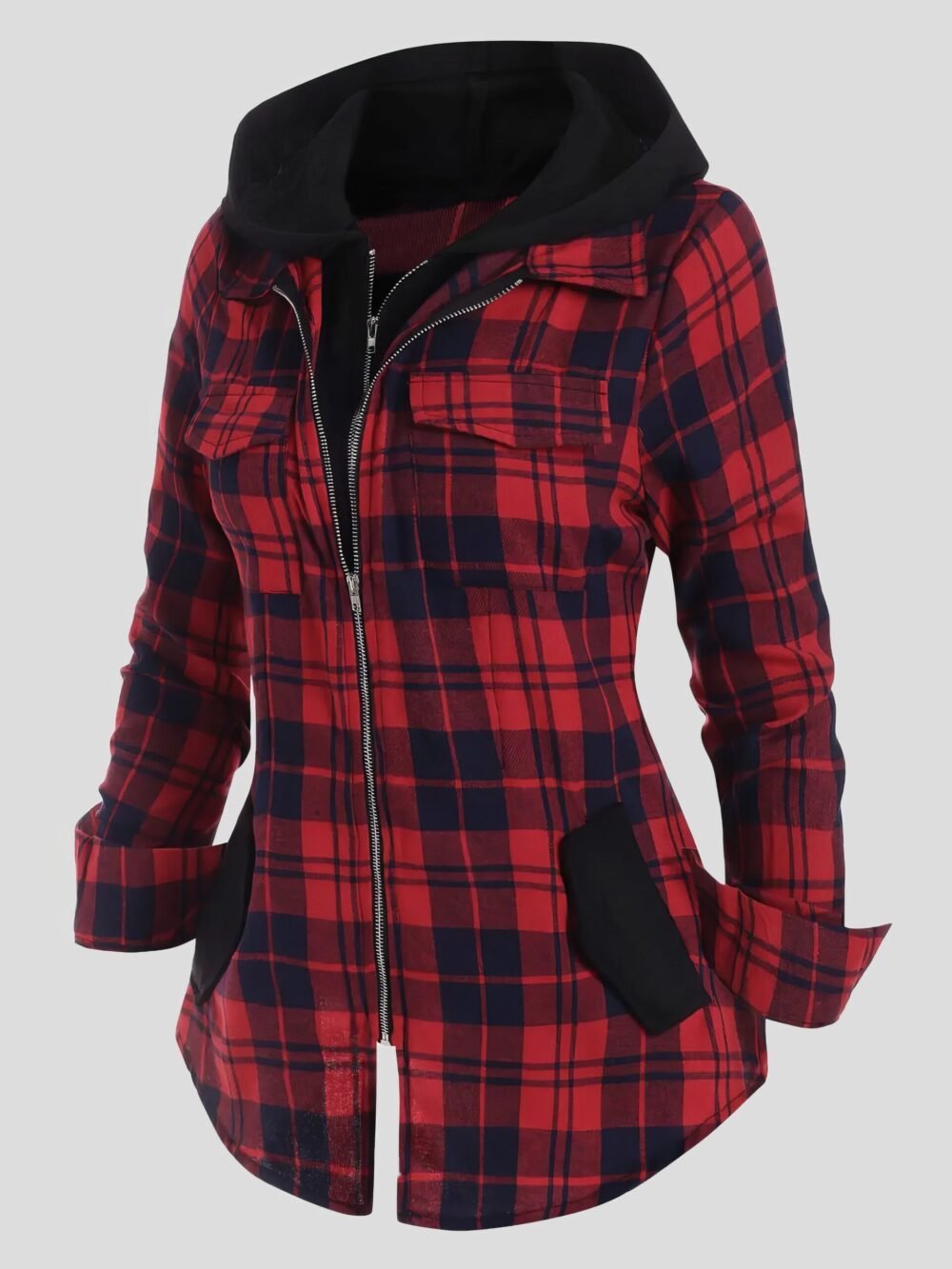 Coats Plaid Pocket Zipper Long Sleeve Hooded Coats for Women - Image 2