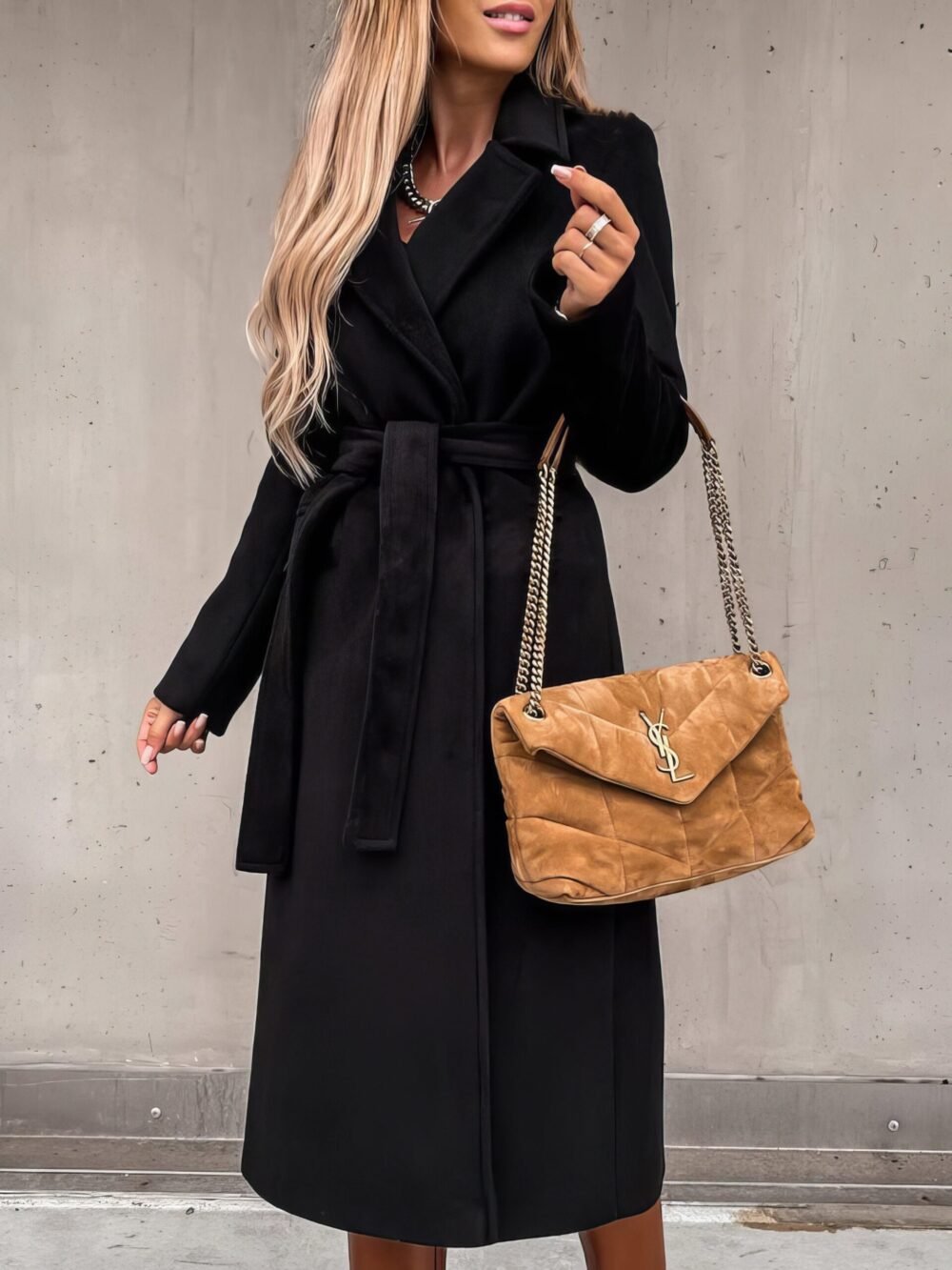 Coats Simple Lapel Belted Long Sleeve Woolen Coat for Women - Image 5