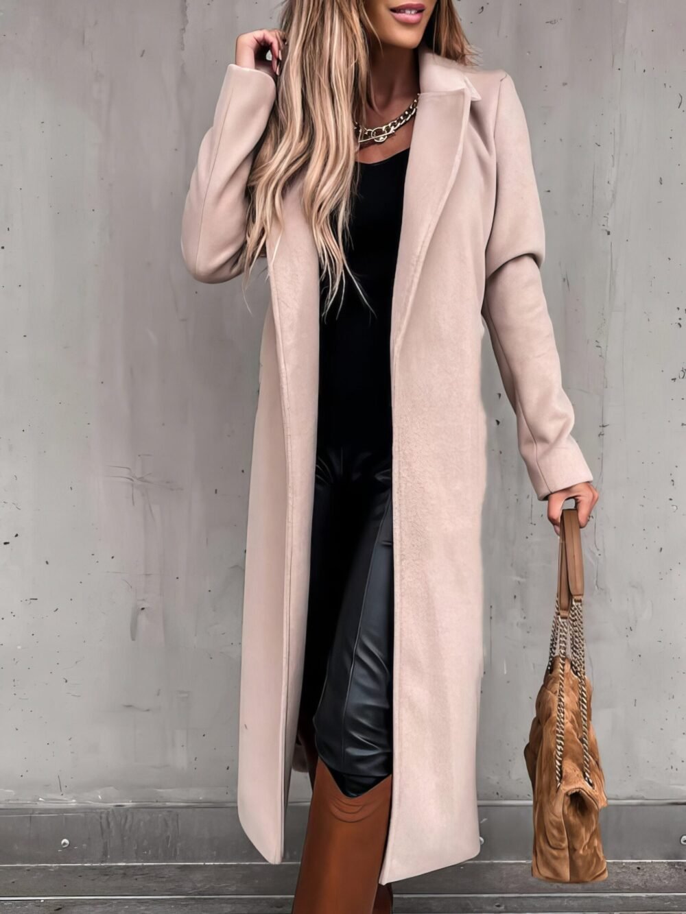 Coats Simple Lapel Belted Long Sleeve Woolen Coat for Women - Image 9