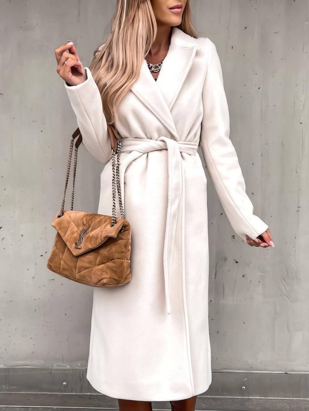 Coats Simple Lapel Belted Long Sleeve Woolen Coat for Women - Image 4