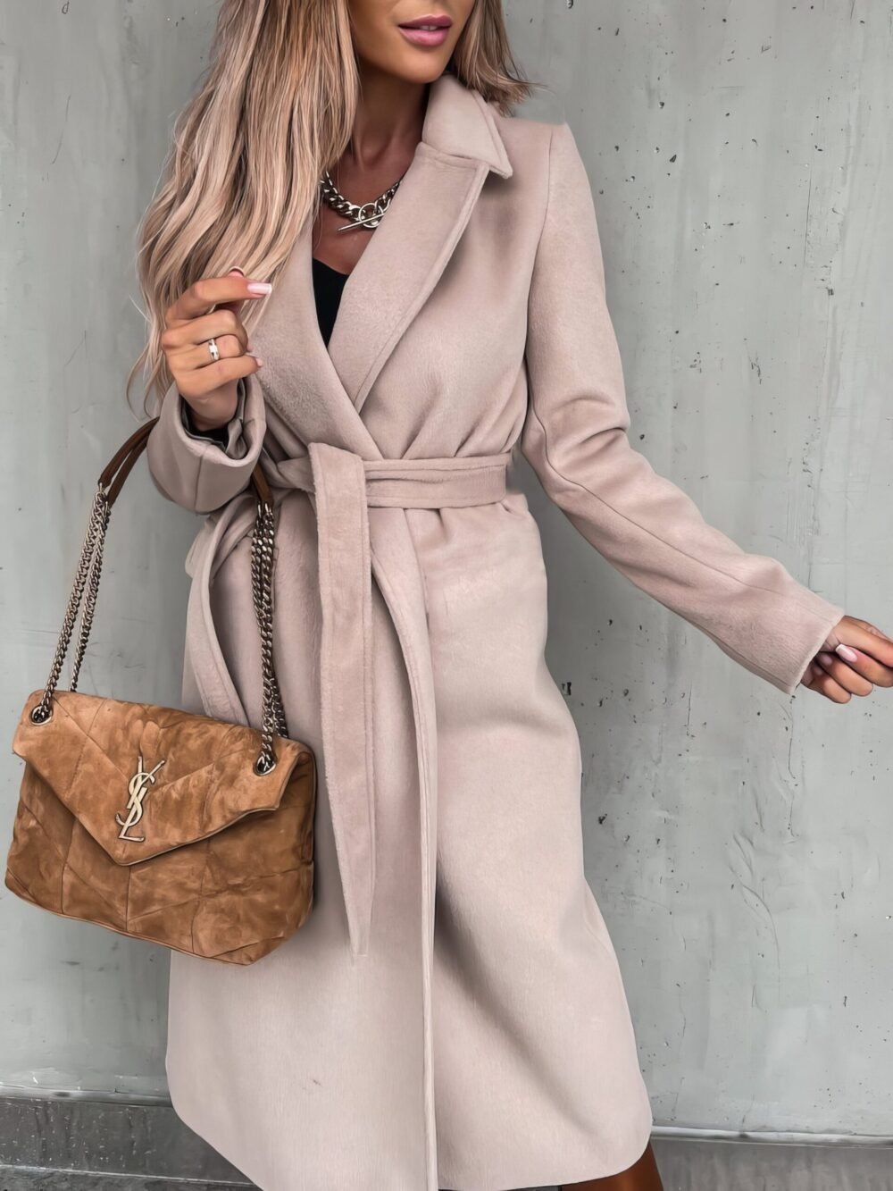 Coats Simple Lapel Belted Long Sleeve Woolen Coat for Women - Image 10