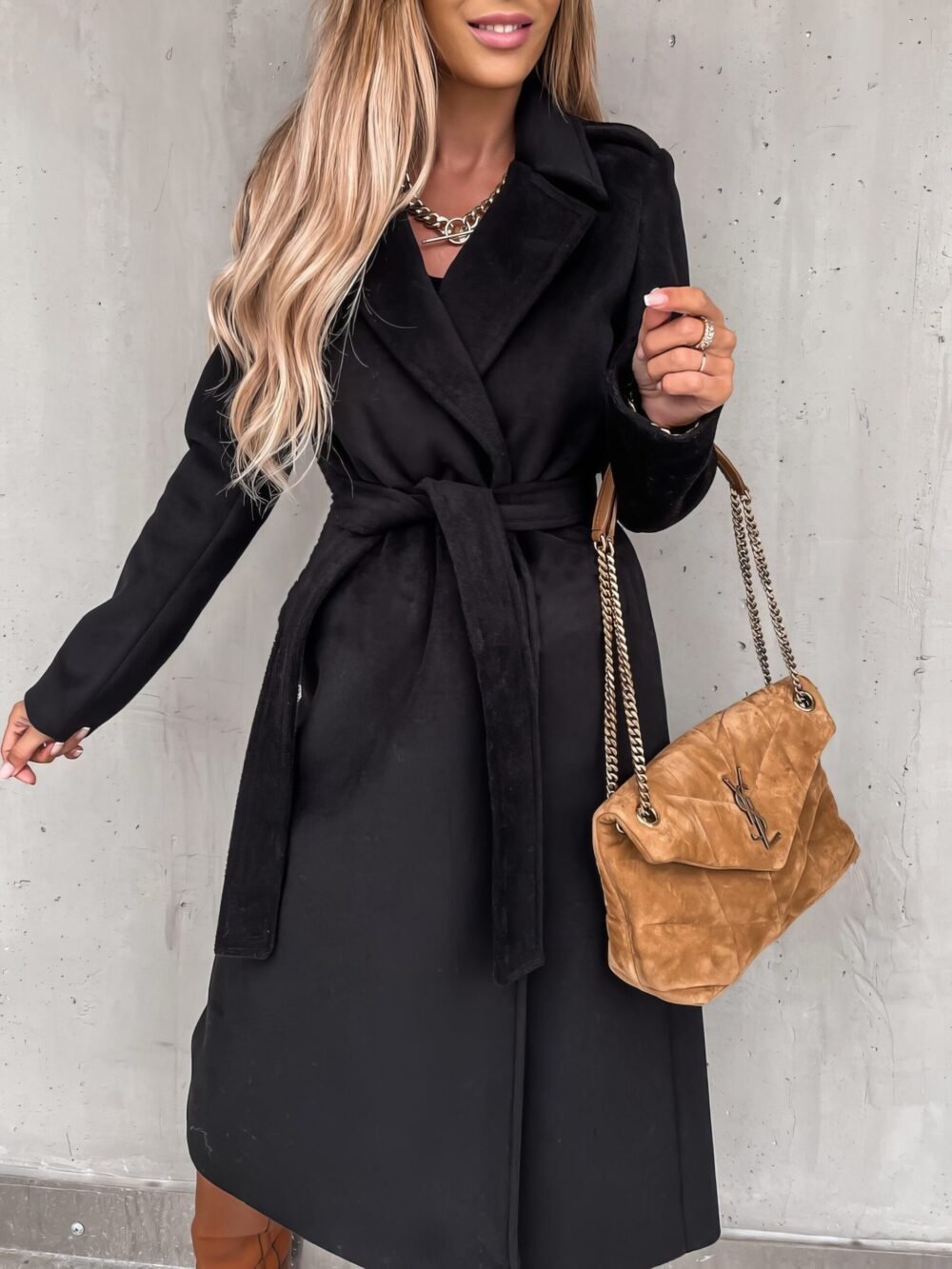 Coats Simple Lapel Belted Long Sleeve Woolen Coat for Women - Image 7