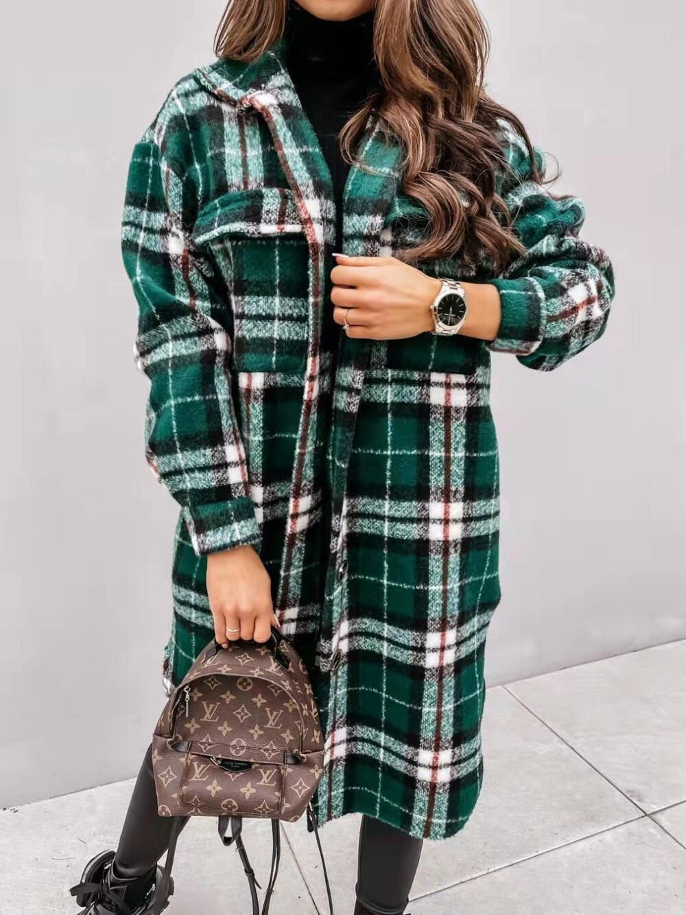 Coats Single Breasted Plaid Brushed Mid Length Wool Coat for Women - Image 5